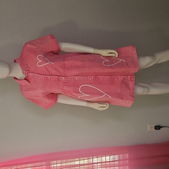 Distressed Pink Heart Empire Waist Babydoll Shirt Dress - Picture 3 of 8